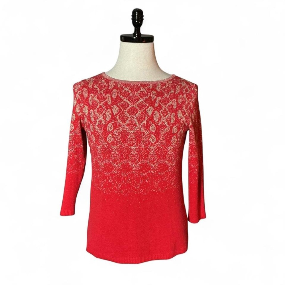 Ruby Rd Favorites Red Metallic Knit Pattern 3/4 Sleeve Sweater Top Holiday‎